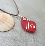 Hawaiian Jewelry Sea Glass Necklace, Wire Ruby Red Necklace Leather Cord Necklace, Beach Jewelry, Birthday Gift (July Birthstone Jewelry)