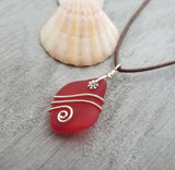 Hawaiian Jewelry Sea Glass Necklace, Wire Ruby Red Necklace Leather Cord Necklace, Beach Jewelry, Birthday Gift (July Birthstone Jewelry)