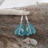 Handmade in Hawaii, Wire Wrapped Wave blue sea glass earrings, Beach jewelry, Hawaii gift