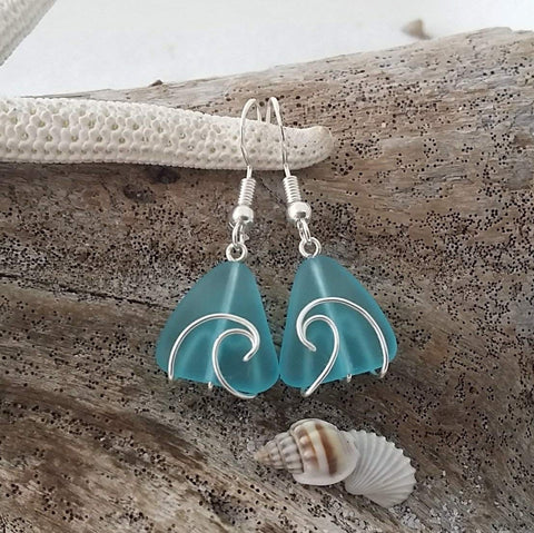 Handmade in Hawaii, Wire Wrapped Wave blue sea glass earrings, Beach jewelry, Hawaii gift