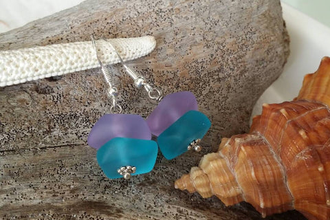 Made in Hawaii, Purple blue sea glass earrings,    gift box.beach jewelry