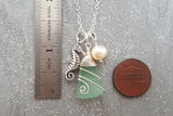 Handmade in Hawaii, Wire wrapped Genuine surf tumbled natural sea glass , Sea horse charm, Fresh water pearl, Sea glass jewelry