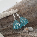 Handmade in Hawaii, Wire Wrapped Wave blue sea glass earrings, Beach jewelry, Hawaii gift