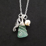 Handmade in Hawaii, Wire wrapped Genuine surf tumbled natural sea glass , Sea horse charm, Fresh water pearl, Sea glass jewelry