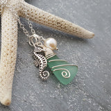 Handmade in Hawaii, Wire wrapped Genuine surf tumbled natural sea glass , Sea horse charm, Fresh water pearl, Sea glass jewelry