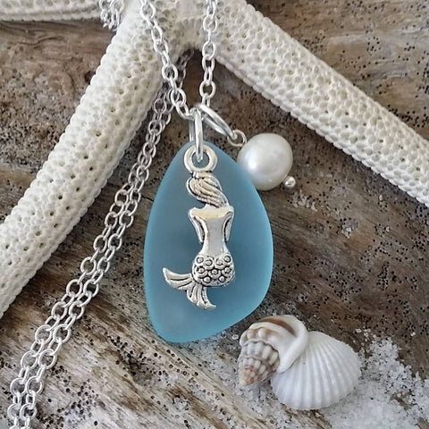 Hawaiian Jewelry Sea Glass Necklace, Mermaid Necklace Turquoise Blue Necklace, Pearl Sea Glass Jewelry Birthday Gift (December Birthstone)