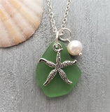 Hawaiian Jewelry Sea Glass Necklace, Emerald Necklace Green Necklace, Starfish Necklace Pearl Necklace, Fun Beach Jewelry (May Birthstone)