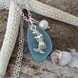 Hawaiian Jewelry Sea Glass Necklace, Mermaid Necklace Turquoise Blue Necklace, Pearl Sea Glass Jewelry Birthday Gift (December Birthstone)