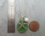 Hawaiian Jewelry Sea Glass Necklace, Emerald Necklace Green Necklace, Starfish Necklace Pearl Necklace, Fun Beach Jewelry (May Birthstone)