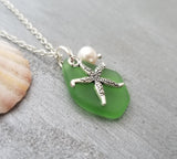 Hawaiian Jewelry Sea Glass Necklace, Emerald Necklace Green Necklace, Starfish Necklace Pearl Necklace, Fun Beach Jewelry (May Birthstone)