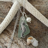 Made in Hawaii, Genuine surf tumbled natural sea glass necklace.Sea horse charm, Fresh water pearl, Sea glass jewelry,Beach glass jewelry.