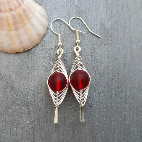 Hawaiian Jewelry Sea Glass Earrings, Double Braided Red Earrings, Sea Glass Jewelry Beach Jewelry Birthday Gift (January Birthstone Jewelry)