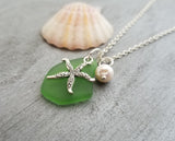 Hawaiian Jewelry Sea Glass Necklace, Emerald Necklace Green Necklace, Starfish Necklace Pearl Necklace, Fun Beach Jewelry (May Birthstone)