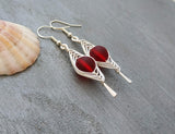 Hawaiian Jewelry Sea Glass Earrings, Double Braided Red Earrings, Sea Glass Jewelry Beach Jewelry Birthday Gift (January Birthstone Jewelry)