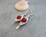 Hawaiian Jewelry Sea Glass Earrings, Double Braided Red Earrings, Sea Glass Jewelry Beach Jewelry Birthday Gift (January Birthstone Jewelry)