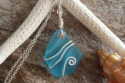 Handmade in Hawaii wire wrapped sea glass necklace,20 inch   gift box.Hawaiian  Mother's Day Gifts.