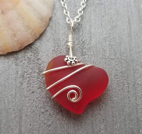 Hawaiian Jewelry Sea Glass Necklace, Wire Ruby Red Necklace Heart Necklace, Sea Glass Jewelry Beach Jewelry Birthday Gift (July Birthstone)
