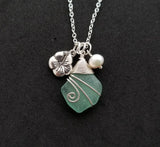 Handmade in Hawaii, Wire wrapped Genuine surf tumbled natural sea glass necklace. Hibiscus  charm, Natural pearl