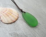 Hawaiian Jewelry Sea Glass Necklace, Emerald Necklace Green Necklace, Leather Cord Necklace, Sea Glass Jewelry(May Birthstone Jewelry Gift)