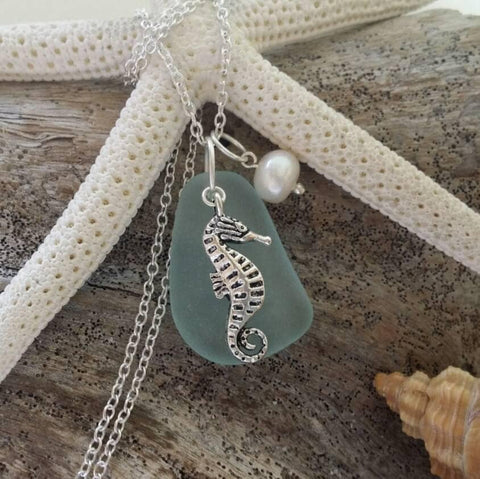 Handmade in Hawaii, Seafoam sea glass necklace, Sea horse charm, Natural pearl,    Hawaii beach jewelry gift