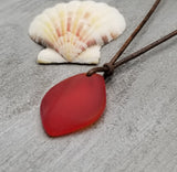 Hawaiian Sea Glass Necklace, Small Puff Red Necklace Leather Cord Necklace Unisex Beach Jewelry Gift For Him For Her, January Birthstone