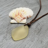 Hawaiian Sea Glass Necklace, Small Puff Yellow Necklace Leather Cord Necklace Unisex Beach Jewelry Gift For Him For Her, November Birthstone