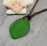 Hawaiian Sea Glass Necklace, Small Puff Emerald  Necklace Leather Cord Necklace Unisex Beach Jewelry Gift For Him For Her, May Birthstone