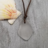 Hawaiian Sea Glass Necklace, Small Puff Crystal Necklace Leather Cord Necklace Unisex Beach Jewelry Gift For Him For Her, April Birthstone