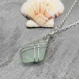 Hawaiian Jewelry Sea Glass Necklace, Wire Cross Necklace Seafoam Necklace, Sea Glass Jewelry Fun Beach Jewelry