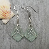 Hawaiian Jewelry Sea Glass Earrings, Wire Cross Earrings Seafoam Earrings Blue Earrings, Sea Glass Jewelry
