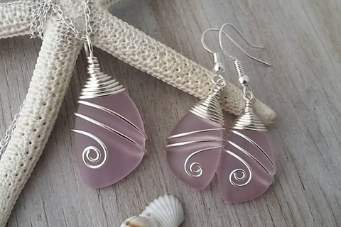 Handmade in Hawaii, Wire wrapped pink sea glass necklace + earrings jewelry set,  gift box.beach jewelry set