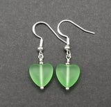 Handmade in Hawaii, Small "Twin Hearts" Peridot sea glass earrings,  Light Weight Earrings, "August Birthstone", Hawaii Gift Wrapped