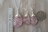 Handmade in Hawaii, Wire wrapped pink sea glass necklace + earrings jewelry set,  gift box.beach jewelry set