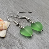 Handmade in Hawaii, Small "Twin Hearts" Peridot sea glass earrings,  Light Weight Earrings, "August Birthstone", Hawaii Gift Wrapped