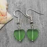 Handmade in Hawaii, Small "Twin Hearts" Peridot sea glass earrings,  Light Weight Earrings, "August Birthstone", Hawaii Gift Wrapped