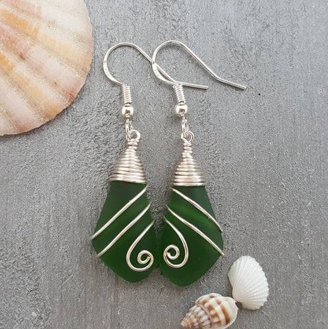 Hawaiian Jewelry Sea Glass Earrings, Wire Emerald Earrings Green Earrings, Sea Glass Jewelry Beach Jewelry(May Birthstone Jewelry For Women)