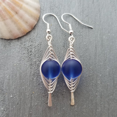 Hawaiian Jewelry Sea Glass Earrings, Double Braided Cobalt Blue Earrings, Ocean Beach Jewelry Birthday Gift (September Birthstone Jewelry)