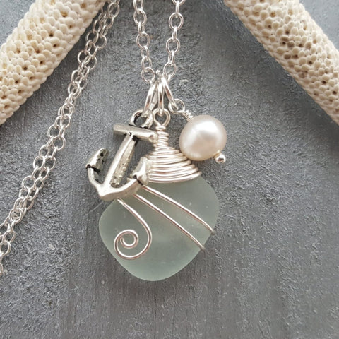 Handmade in Hawaii, Wire wrapped Genuine Hawaii surf tumbled natural sea glass necklace. Anchor charm, Fresh water pearl