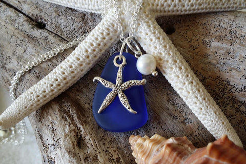 September Birthstone, Cobalt/Sapphire blue sea glass necklace,Sea star charm , Fresh water  pearl,