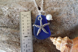 September Birthstone, Cobalt/Sapphire blue sea glass necklace,Sea star charm , Fresh water  pearl,