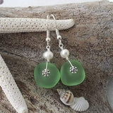 Hawaiian Jewelry Sea Glass Earrings, Light Weight Peridot Green Earrings, Pearl Sea Glass Jewelry Birthday Gift (August Birthstone Jewelry)