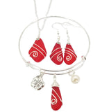 Hawaiian Jewelry Sea Glass Set, Wire Wrapped Red Necklace Earrings Bracelet Jewelry Set, Beach Jewelry Birthday Gift (January Birthstone)