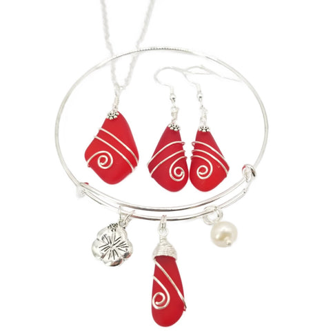 Hawaiian Jewelry Sea Glass Set, Wire Wrapped Red Necklace Earrings Bracelet Jewelry Set, Beach Jewelry Birthday Gift (January Birthstone)