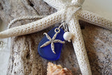 September Birthstone, Cobalt/Sapphire blue sea glass necklace,Sea star charm , Fresh water  pearl,