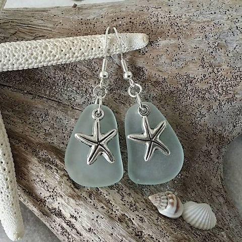 Hawaiian Jewelry Sea Glass Earrings, Twin Starfish Earrings Seafoam Earrings, Beach Jewelry For Women, Unique Earrings Sea Glass Jewelry
