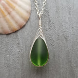 Hawaiian Jewelry Sea Glass Necklace, Braided Emerald Necklace Green Necklace Teardrop Necklace, Sea Glass Jewelry (May Birthstone Jewelry)