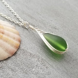 Hawaiian Jewelry Sea Glass Necklace, Braided Emerald Necklace Green Necklace Teardrop Necklace, Sea Glass Jewelry (May Birthstone Jewelry)