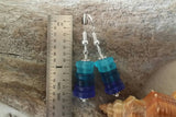 Handmade in Hawaii, Three shades of blue  sea glass earrings,    gift box.beach jewelry