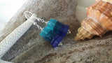 Handmade in Hawaii, Three shades of blue  sea glass earrings,    gift box.beach jewelry