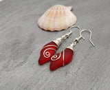 Hawaiian Jewelry Sea Glass Earrings, Wire Wave Red Earrings, Sea Glass Jewelry Beach Jewelry Birthday Gift (January Birthstone Jewelry)